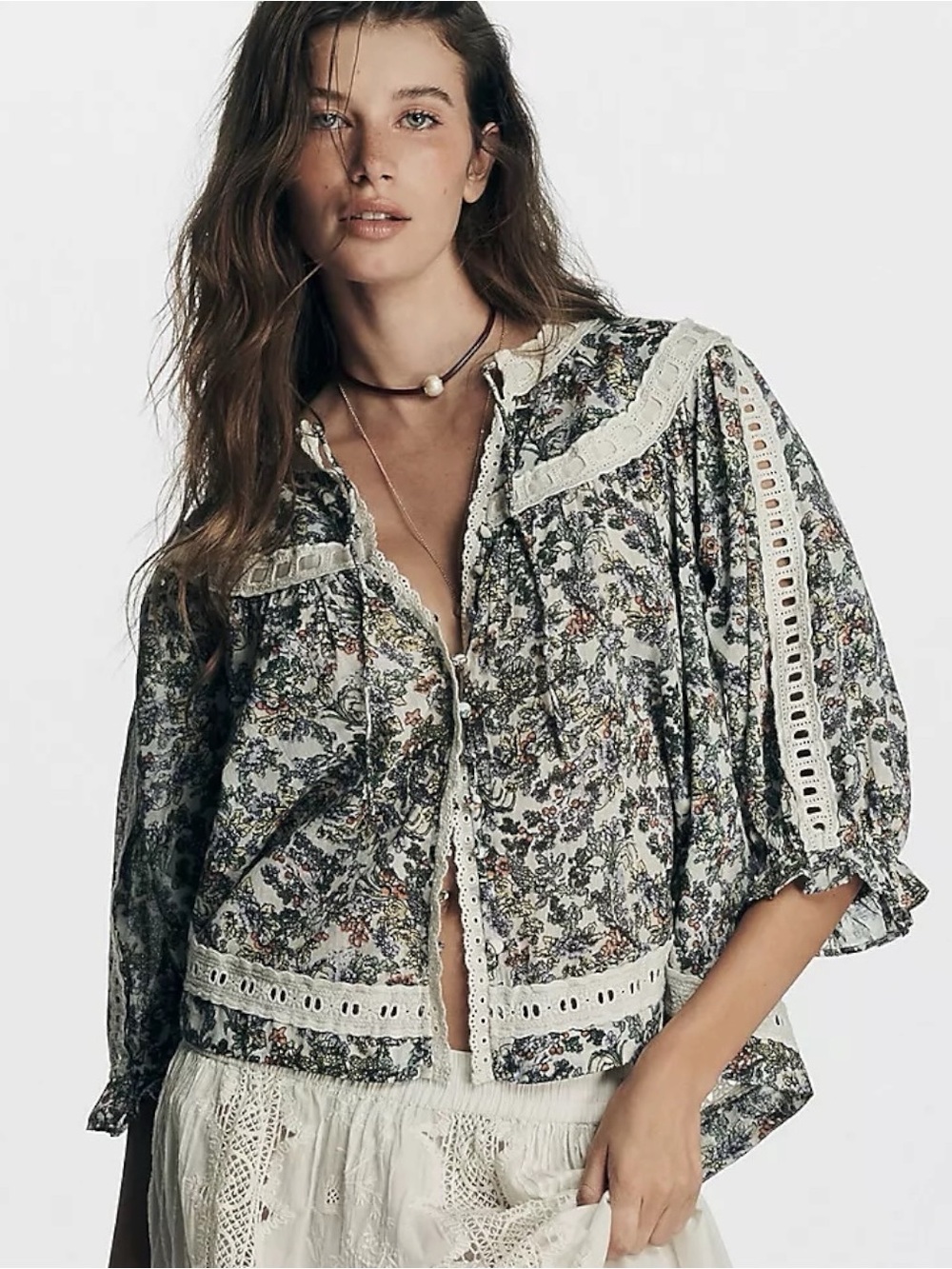 Anthropologie Dainty Cottage Floral Half Sleeve Eyelet Lace Swing Top Size XL